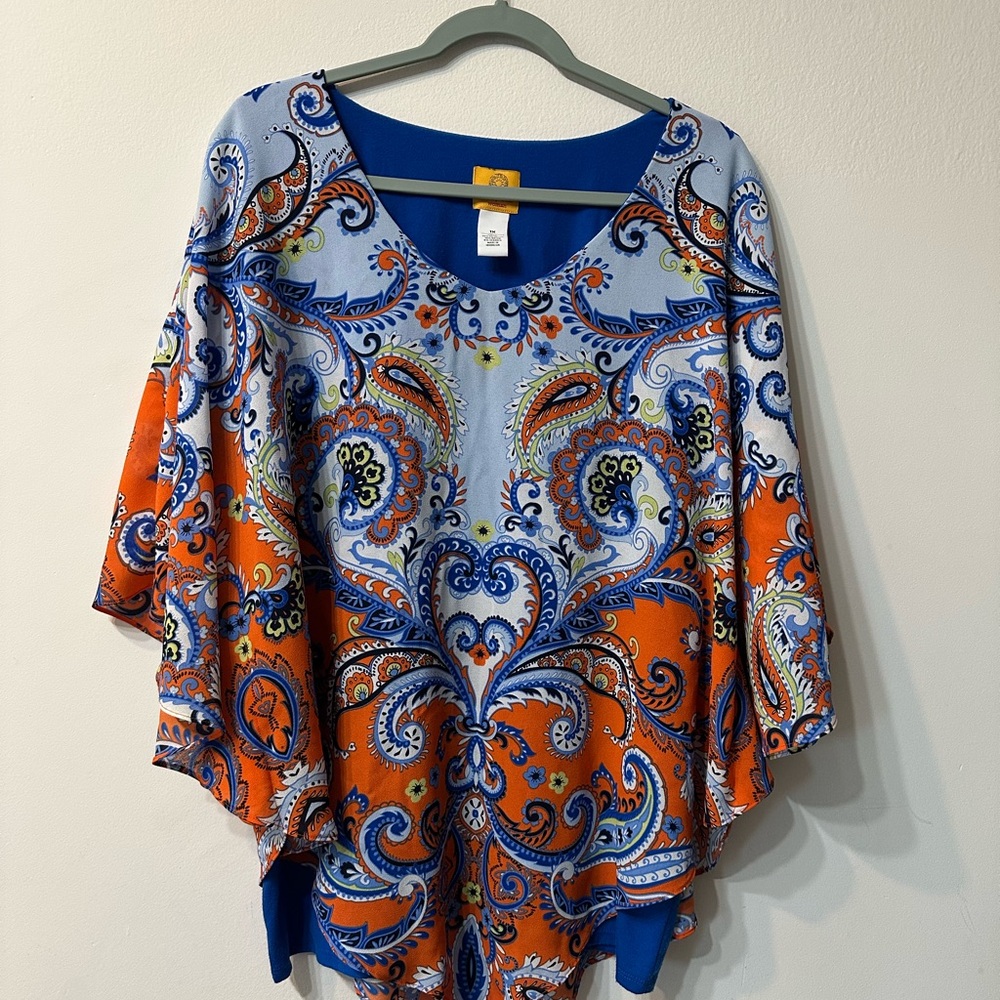 Ruby Rd. Blue Orange Paisley Print Scoop Neck 3/4 Sleeve Tunic Blouse Women's 1X